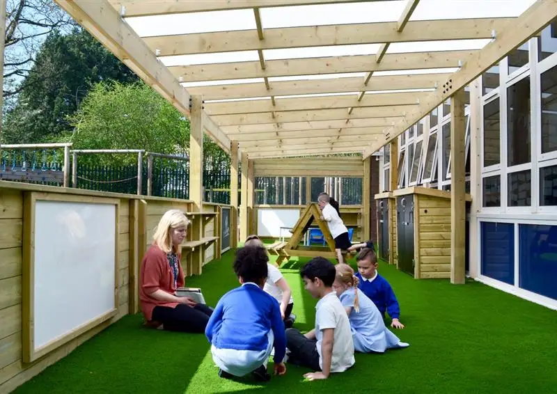 primary school children having story time in outdoor classroom shelter
