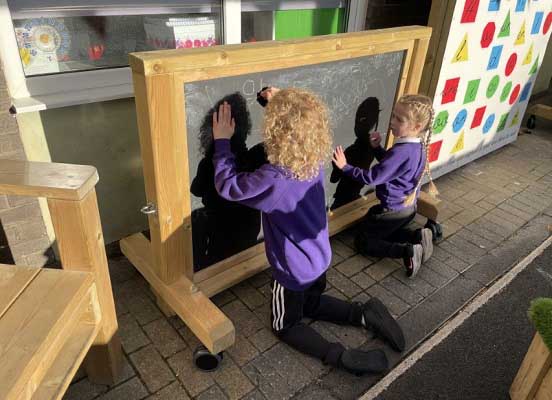 Moveable chalkboard product with kids playing