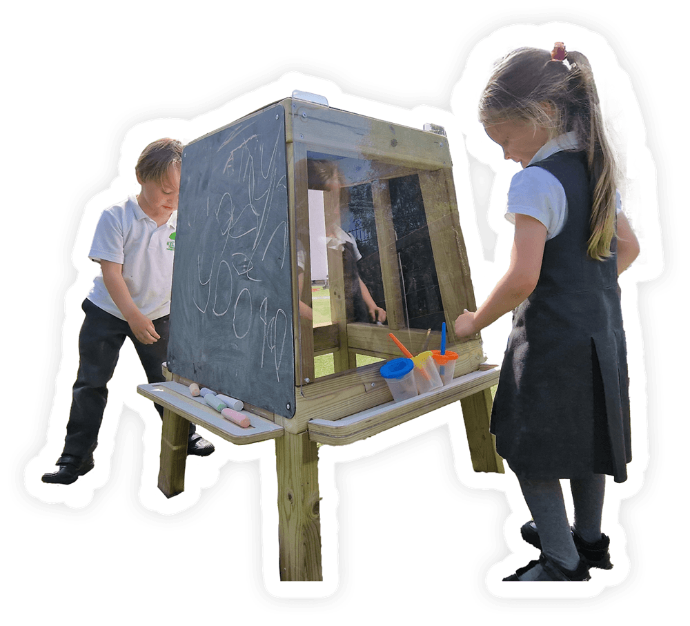 two children playing with a group art easel
