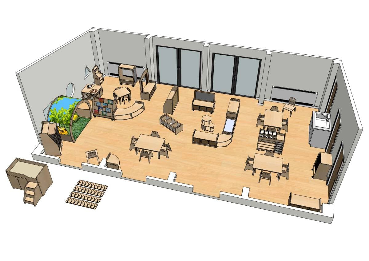 A 3D drawing of a nursery space with childrens furniture