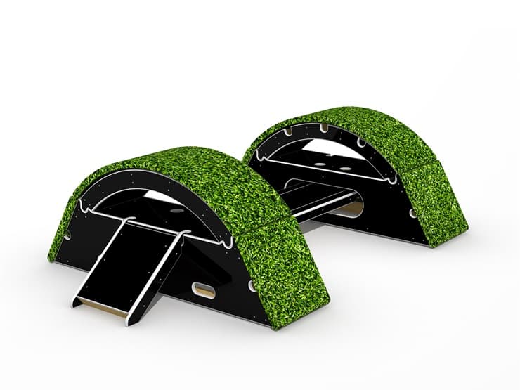 A 3D visualisation of two small grass-covered bridges with a black plank connecting them