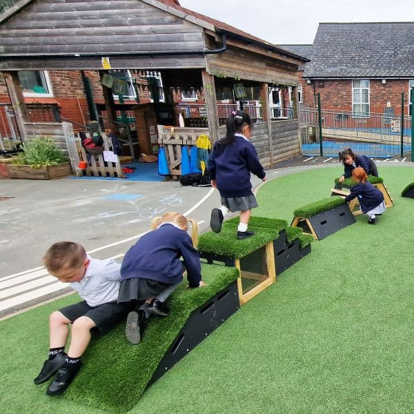 primary school kids jumping on Pentagon Play's Get Set, Go! Blocks