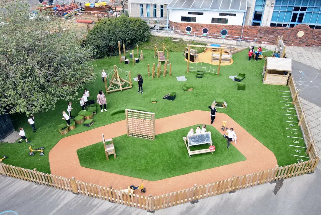 playground installation including trim trails, easel table and get set go blocks