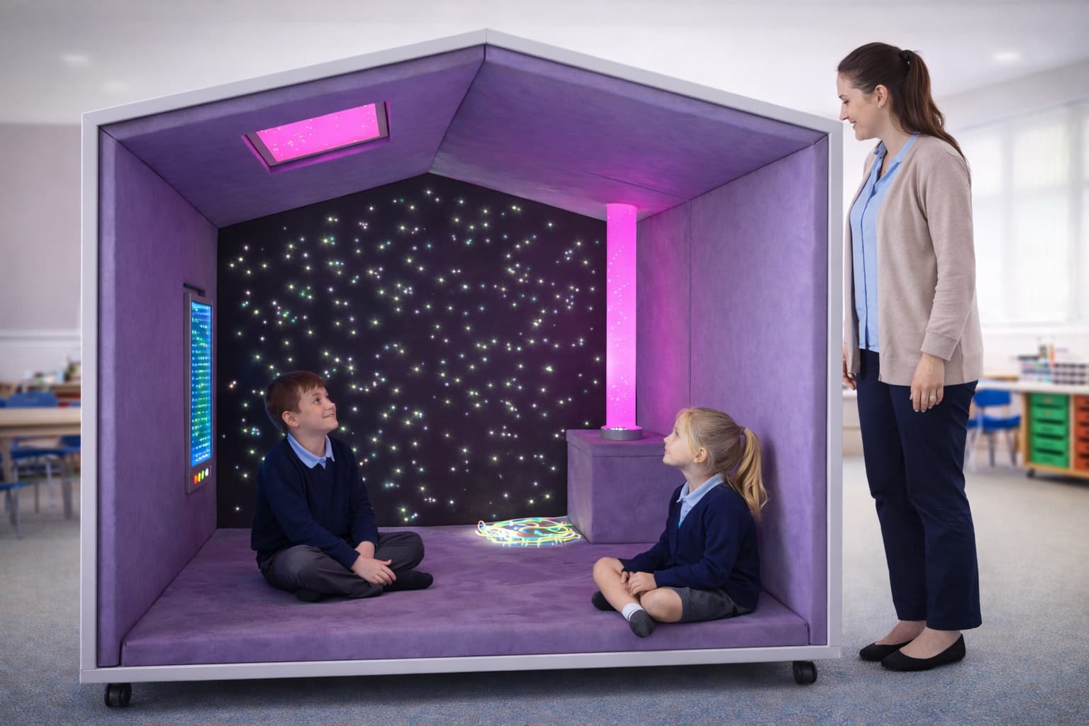 Image of a sensory room with a variety of sensory equipment