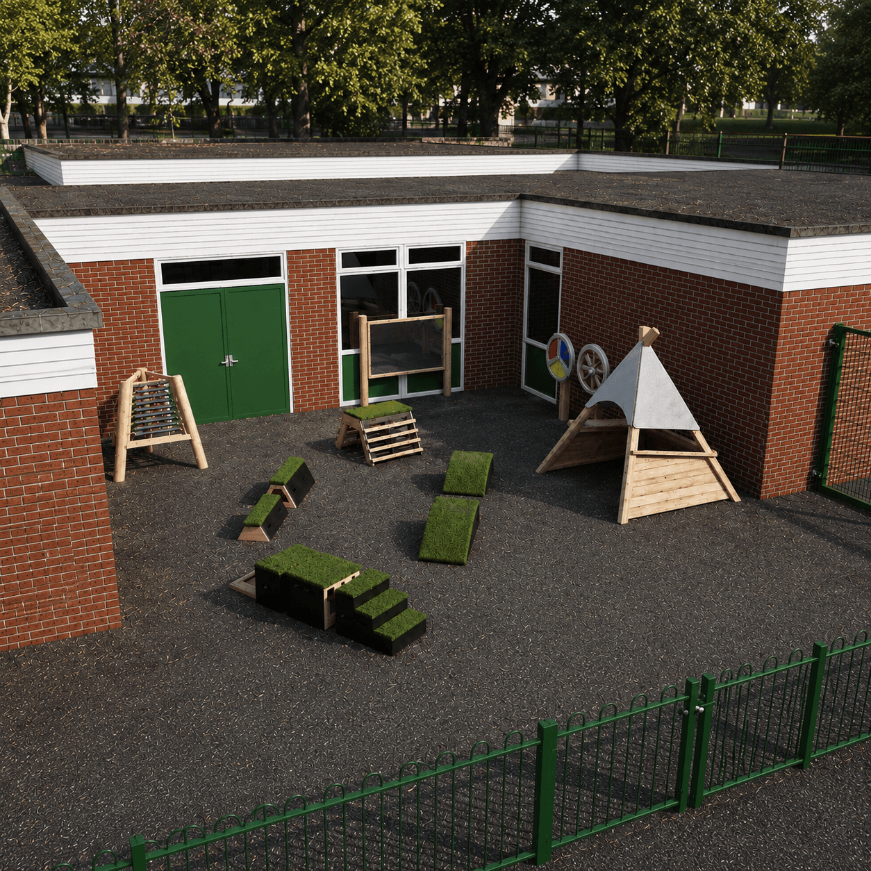 A playground that features the Sensory Regulation Package installed on Tarmacadam.
