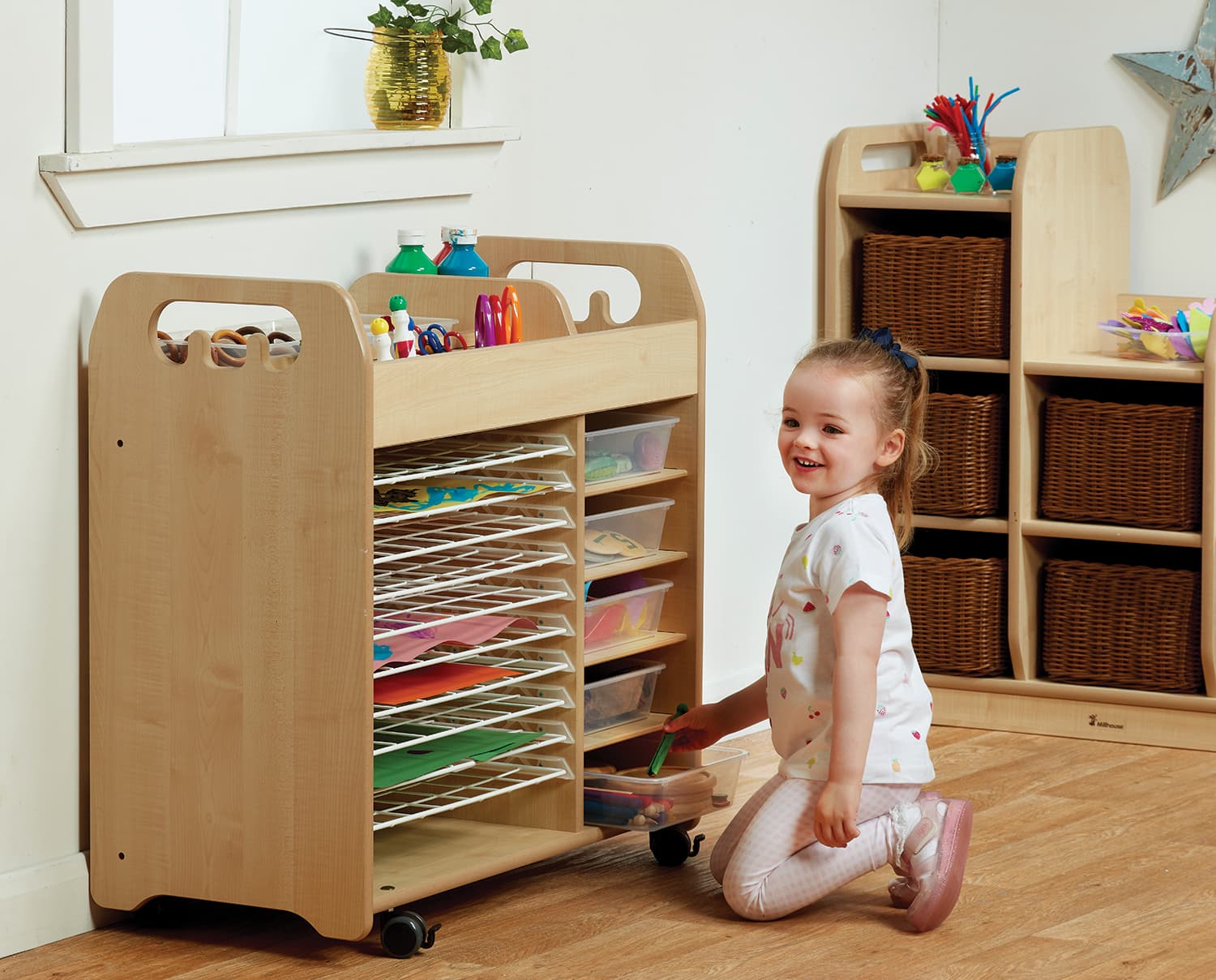 The Combi Art Trolley acts as a central location for all arts materials and finished works