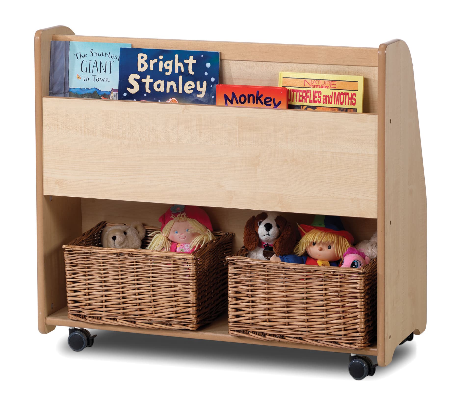 The Mobile Tall Book Display is double-sided with shelves and baskets, and on lockable wheels