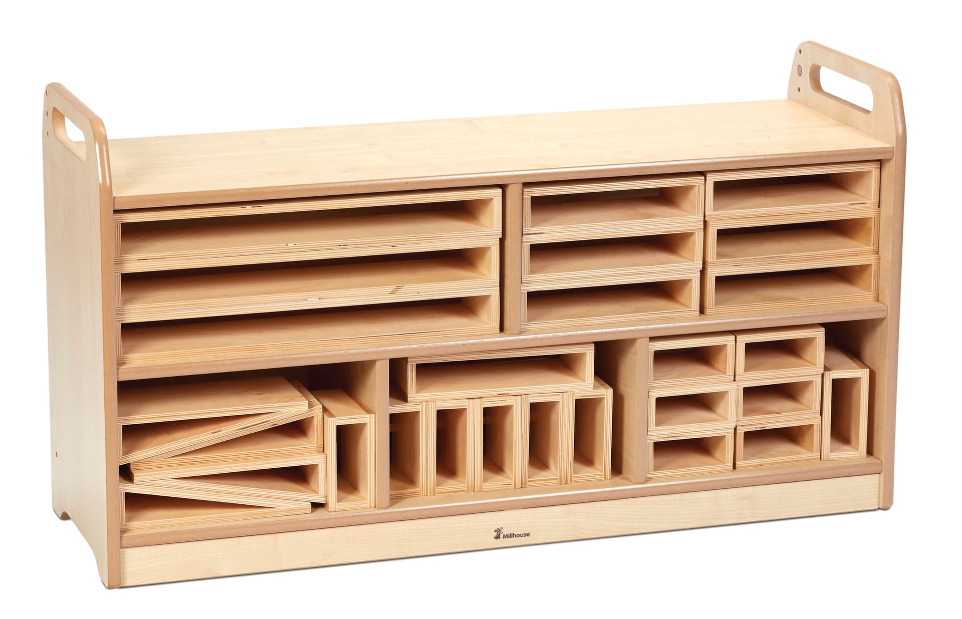 The Hollow Block Storage Unit comes with 48 blocks of differing shapes