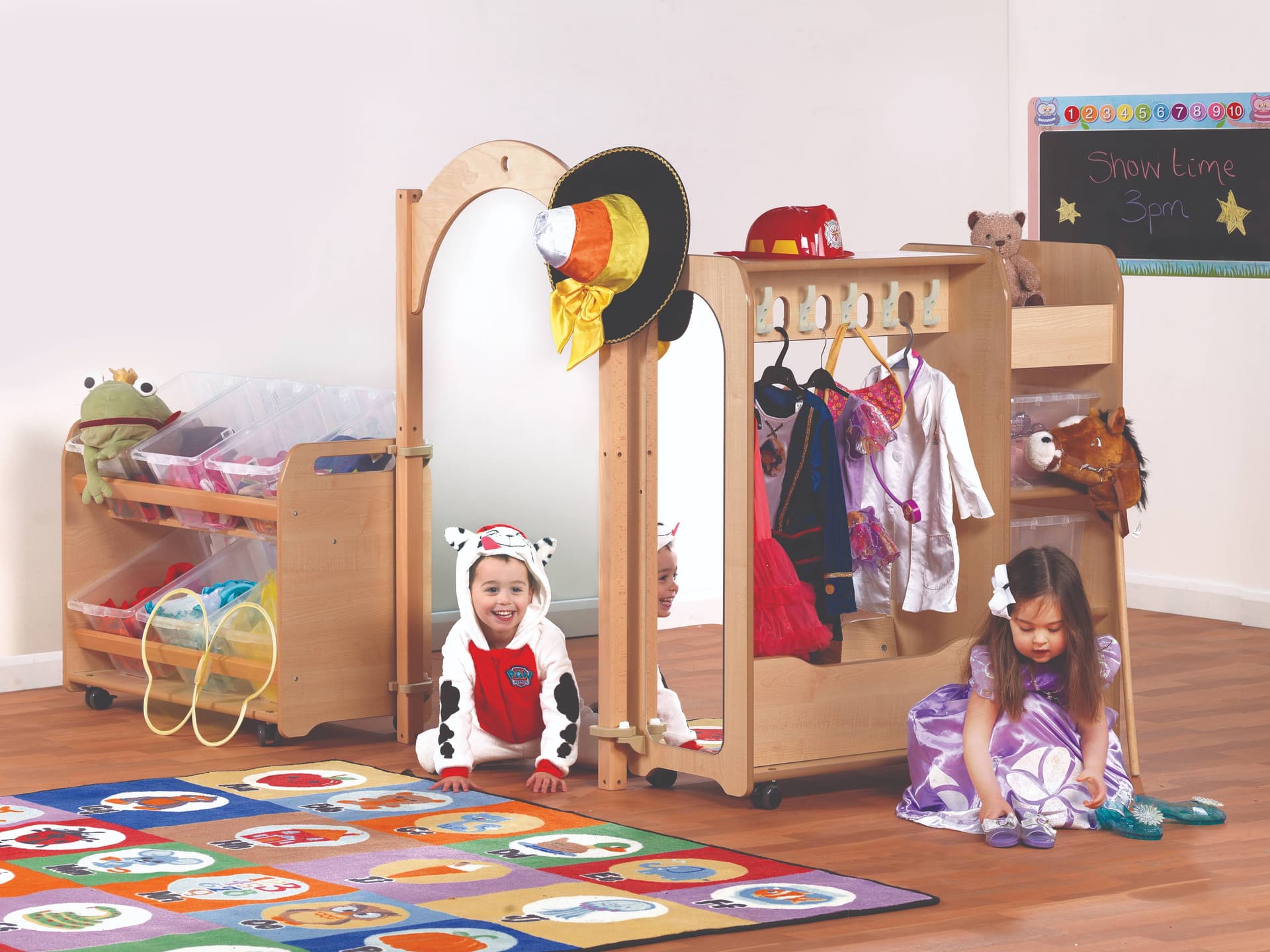 The Mini Preschool Dressing-Up Zone features functional changing facilities and storage
