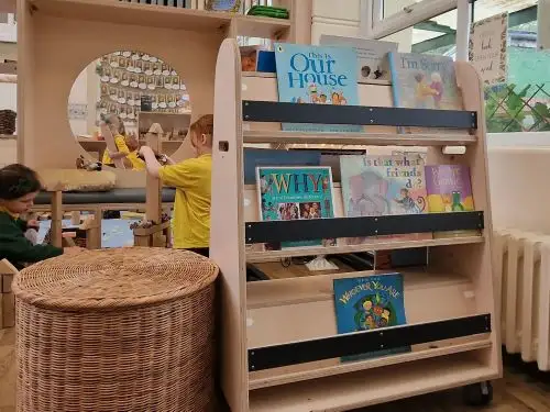book storage on wheels in classroom