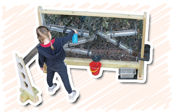 school student playing with water wall