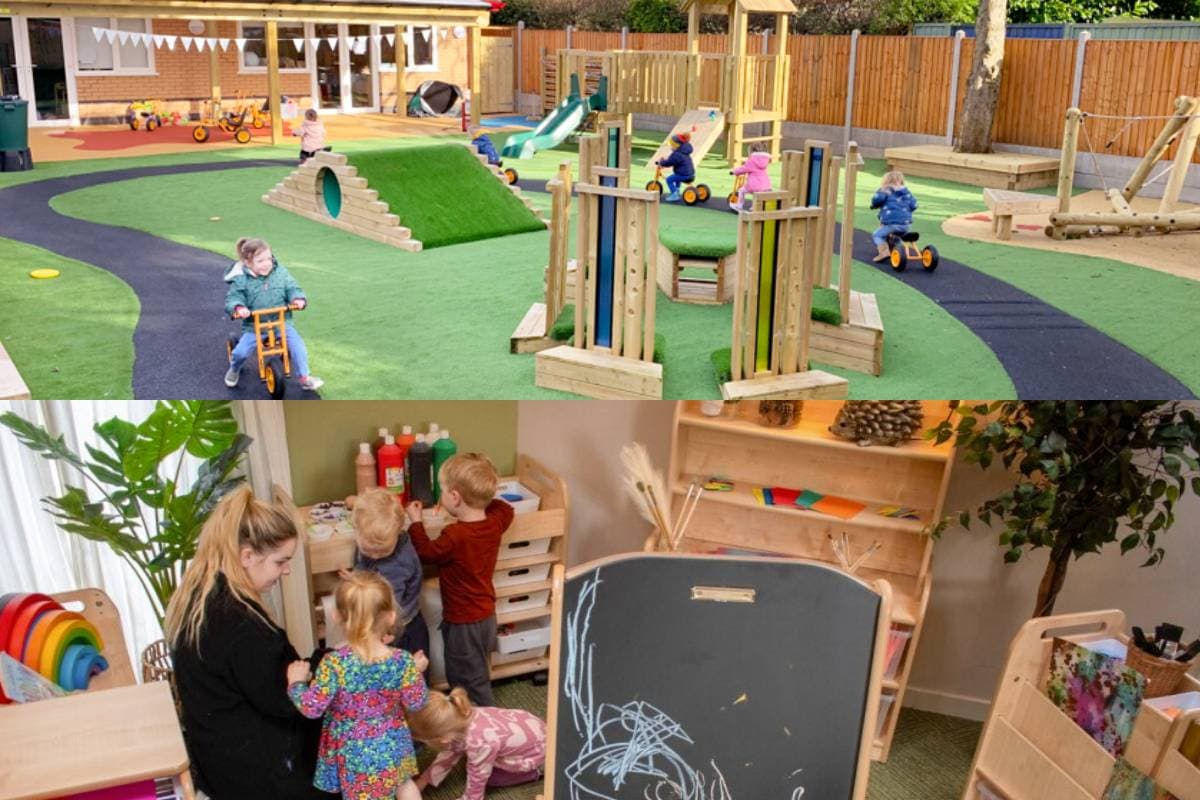 A nursery plaground with children playing on equipment and a nursery classroom with childrens furniture