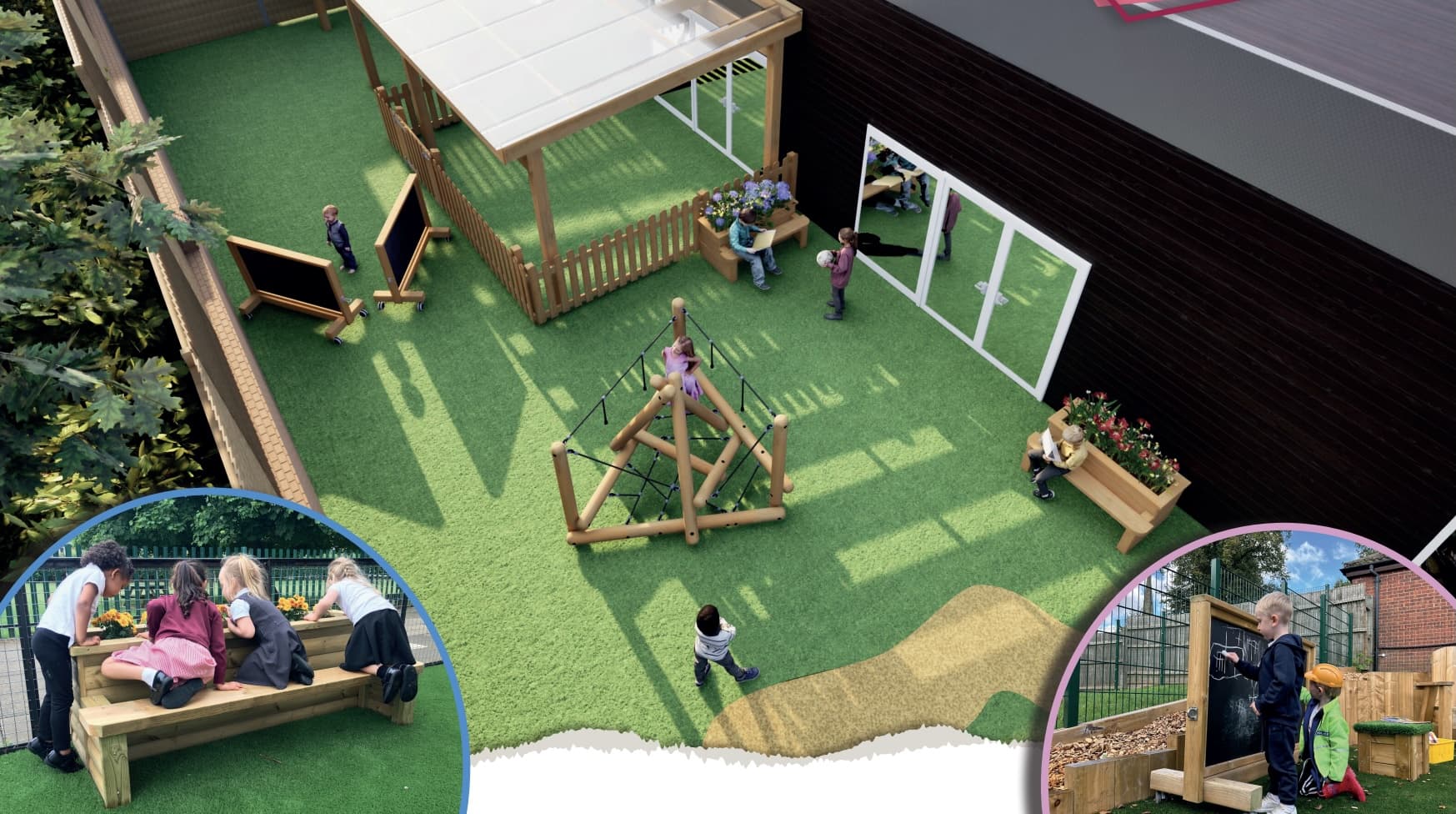 A 3D drawing of an outdoor nursery playground from a birdseye view